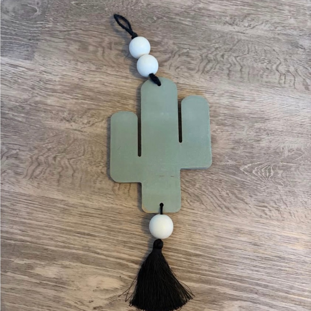 Hobby Lobby Green Cactus Wall Art with White Beads and Black Tassel